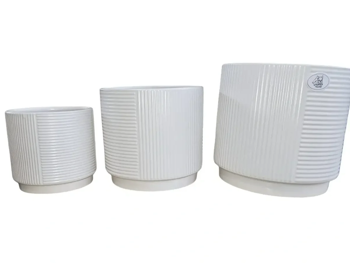 עציץ קרמיקה לבן בטקסטורת פסים, שלושה גדלים