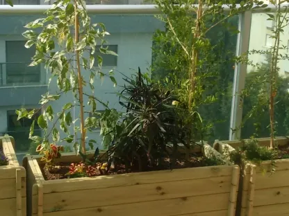 אדניות עץ וצמחים במרפסת שביצענו