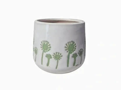 עציץ קרמיקה לבן מבריק מעוטר ירוק