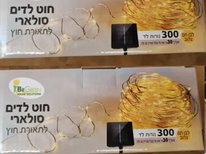שרשרת באורך 30 מ' עם 300 נורות לד באור לבן-חם-צהוב וכבל באורך 3 מטר לתאורת חוץ סולארית