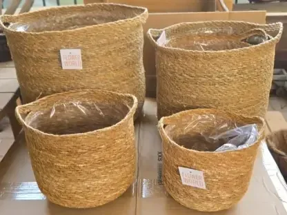 סט 5 בתי עציץ קש איכותיים – ידיות לנוי