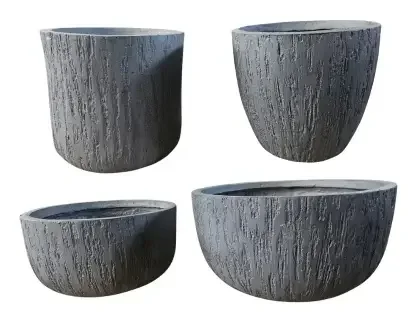 כלי פיבר אפורים במרקם עץ בשלוש צורות וגדלים