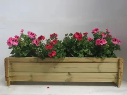 אדנית עץ עם פרחים, להמחשה בלבד, נמכרת ללא צמחיה