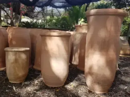 כד גבוה וצר מחרס חברוני בשלושה גדלים לשתילה